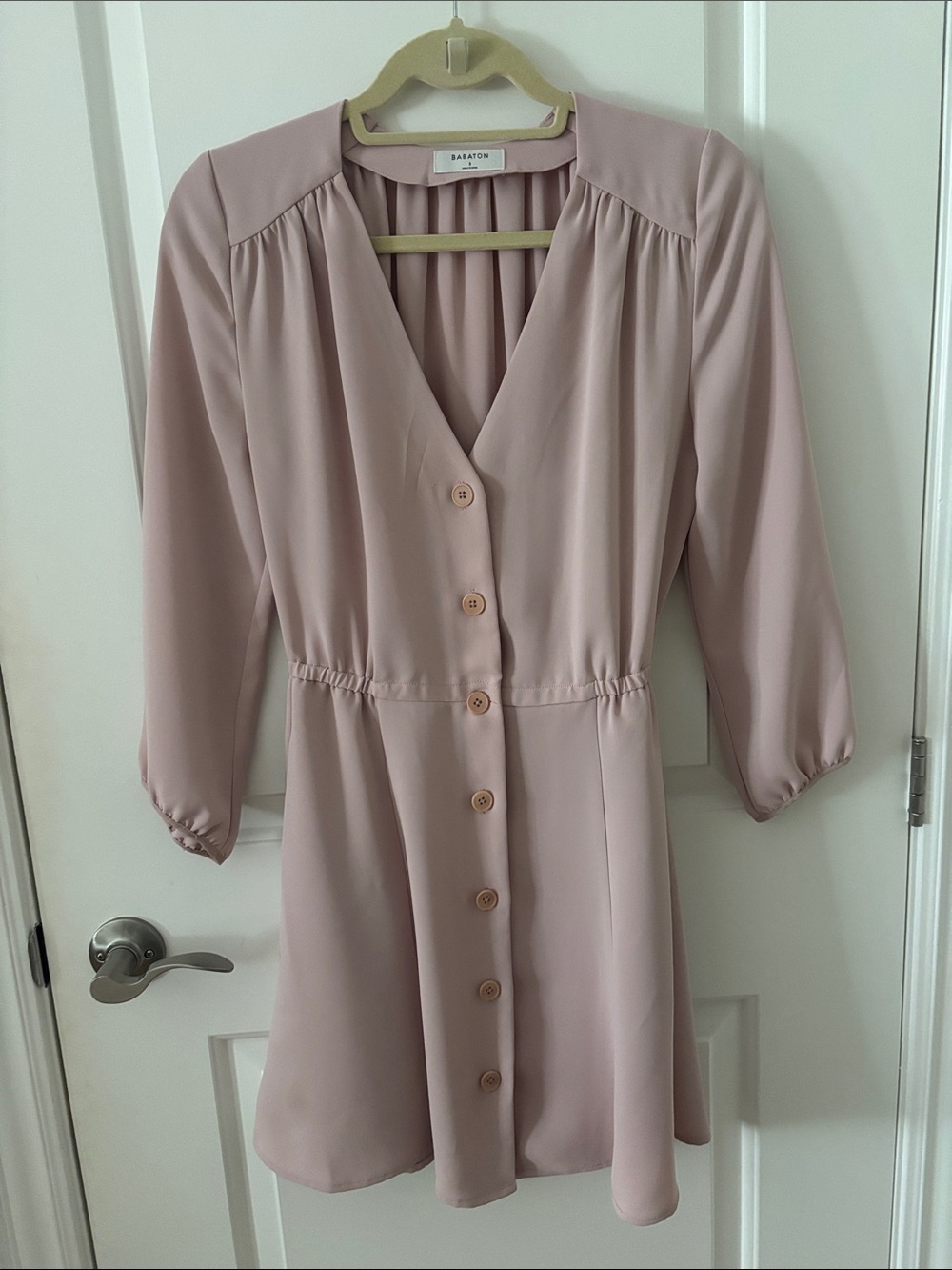 Babaton Dusty Blush Button-Front V-Neck Waist-Defined Dress